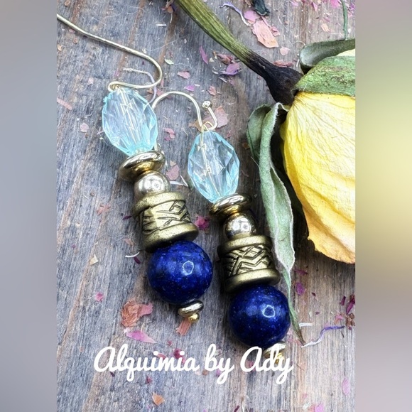 Lapis lazuli and brass dangle statement earrings - Picture 1 of 1